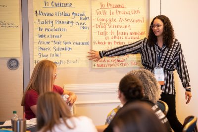 woman presenting while pointing to wording on a wall at a workshop