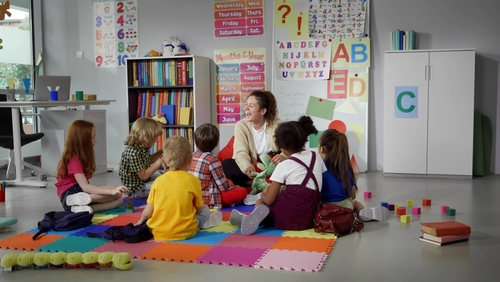 children in classroom with teacher learning