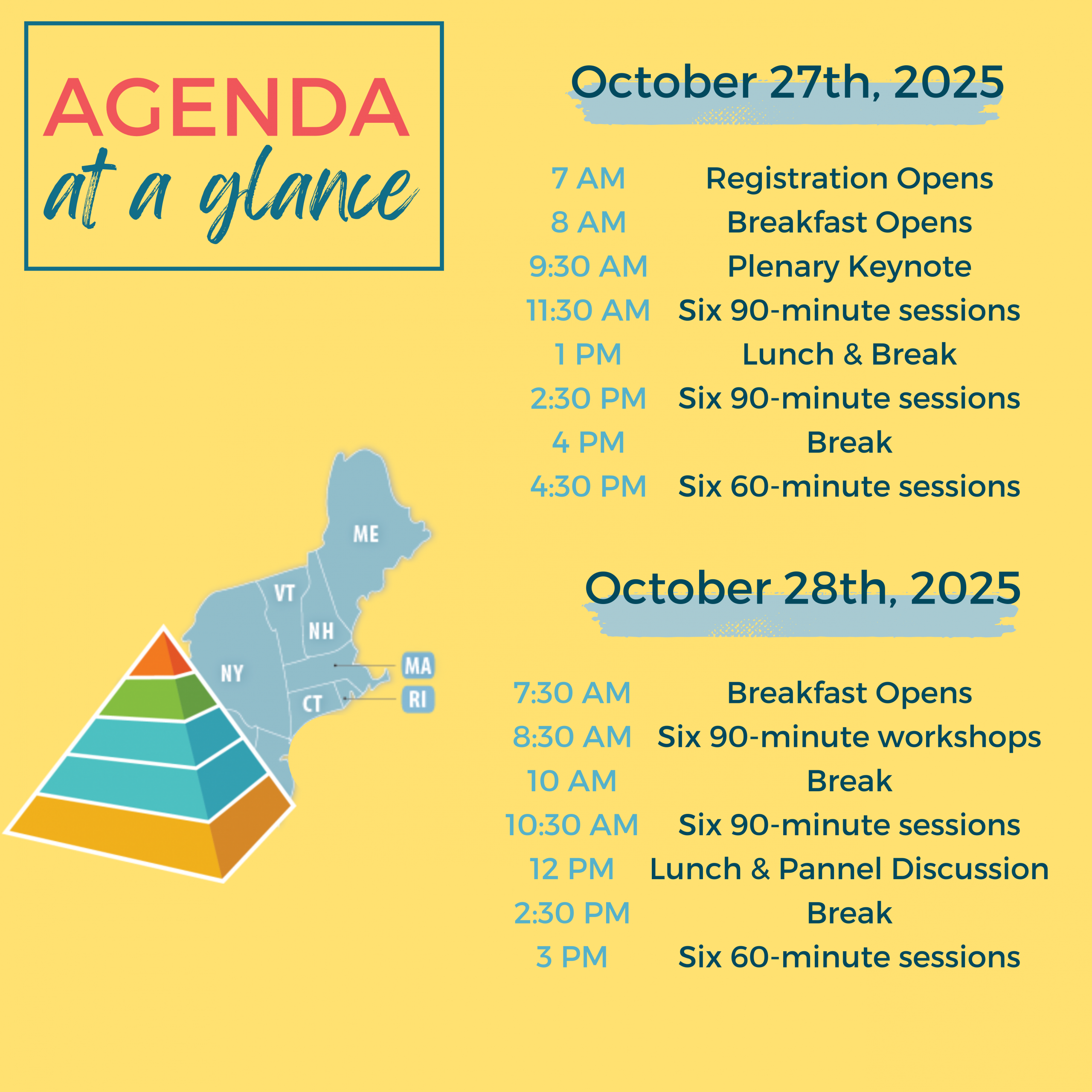 hourly agenda with times of meals and workshops